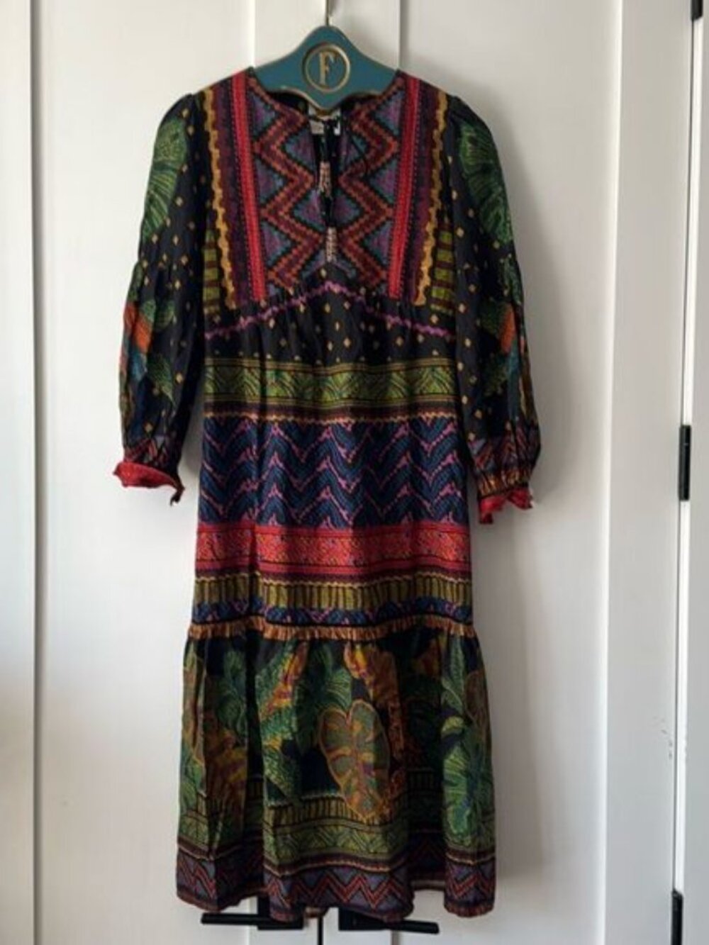 NWT ✨FARM Rio Printed Midi Dress Navy Multicolor Long Sleeve Tiered Linen